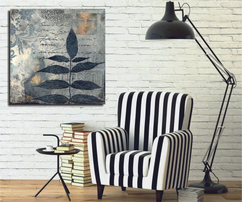 Canvastavla 45x45 cm - Svart bladverk mot en abstrakt bakgrund, Svart / Grå / Beige