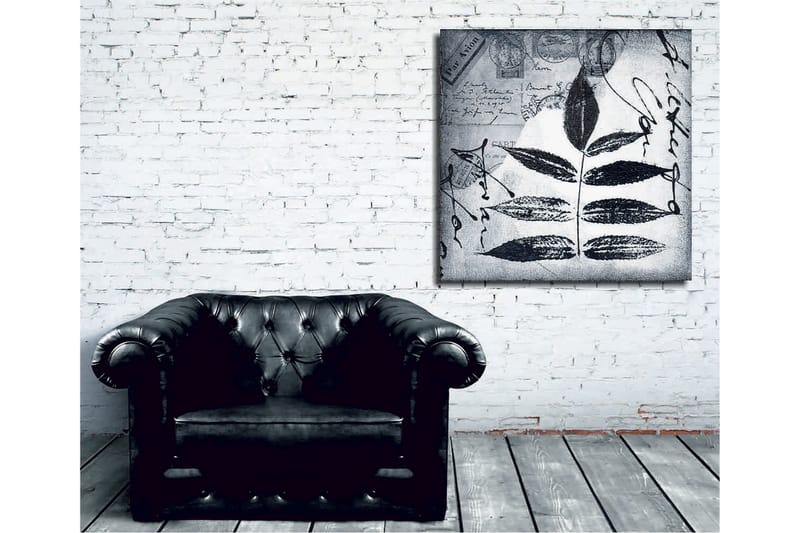 Canvastavla 45x45 cm - Svart silhuett av blad mot en grå bakgrund med handskriven text och poststämplar - Svart / Grå - Inredning & dekor - Tavlor & konst - Canvastavla