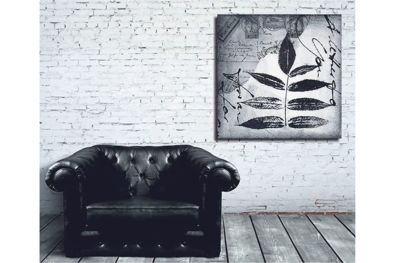 Canvastavla 45x45 cm - Svart silhuett av blad mot en grå bakgrund med handskriven text och poststämplar - Svart / Grå - Inredning & dekor - Tavlor & konst - Canvastavla