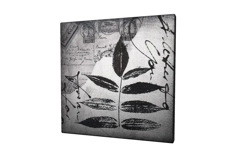 Canvastavla 45x45 cm - Svart silhuett av blad mot en grå bakgrund med handskriven text och poststämplar, Svart / Grå