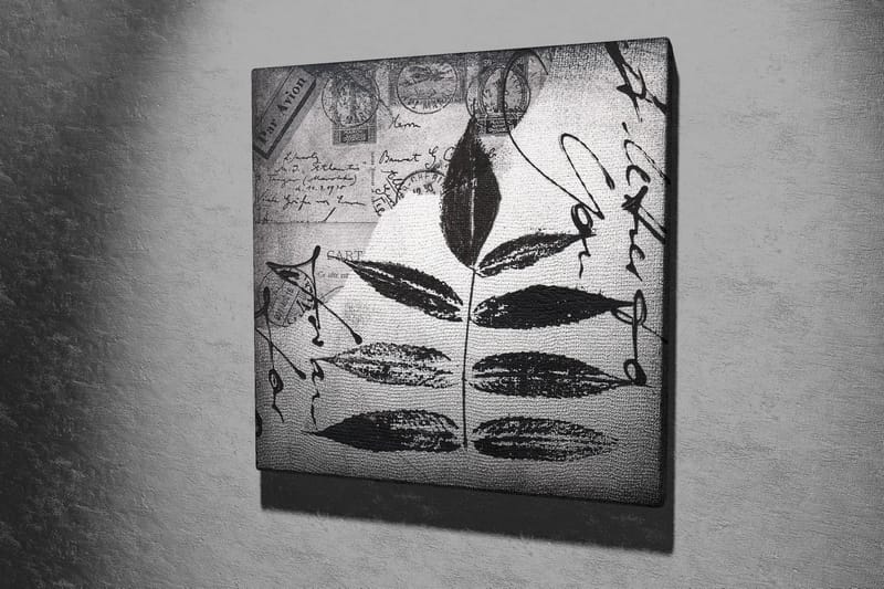 Canvastavla 45x45 cm - Svart silhuett av blad mot en grå bakgrund med handskriven text och poststämplar - Svart / Grå - Inredning & dekor - Tavlor & konst - Canvastavla