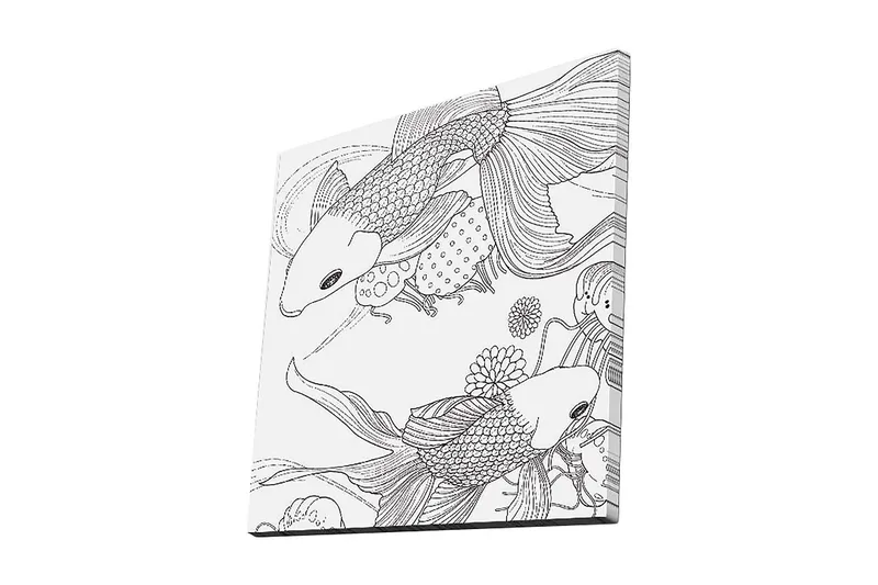 Canvastavla 45x45 cm - Svartvita koi-fiskar i en lekfull komposition, Svart / Vit