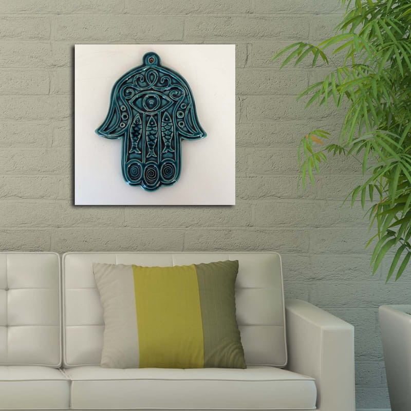 Canvastavla 45x45 cm - Symbolisk hand med öga och intrikata mönster - Turkos / Vit - Inredning & dekor - Tavlor & konst - Canvastavla