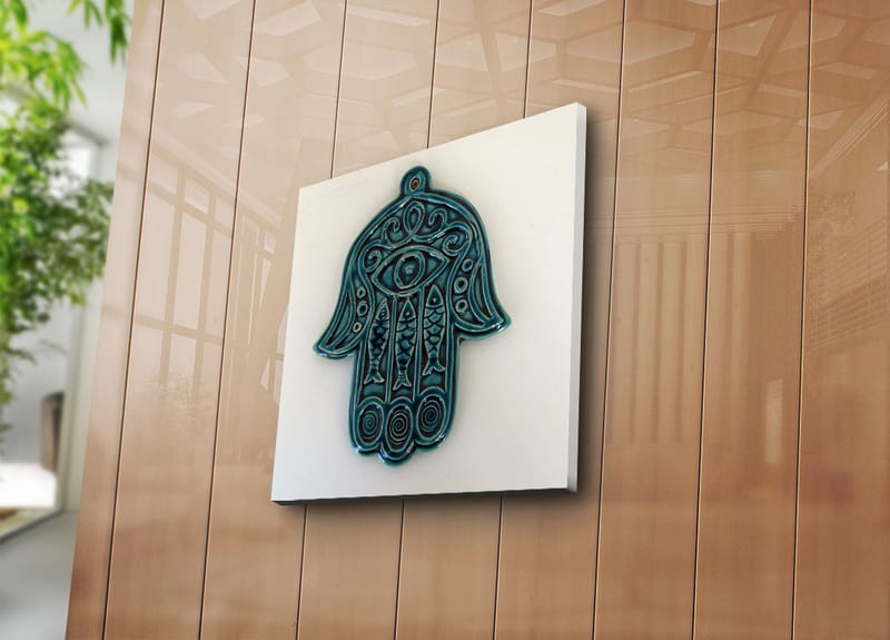 Canvastavla 45x45 cm - Symbolisk hand med öga och intrikata mönster - Turkos / Vit - Inredning & dekor - Tavlor & konst - Canvastavla