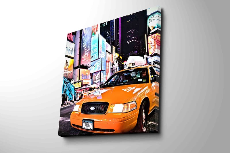 Canvastavla 45x45 cm - Taxis i neonupplysta stadsmiljö - Orange / Svart / Blå - Inredning & dekor - Tavlor & konst - Canvastavla