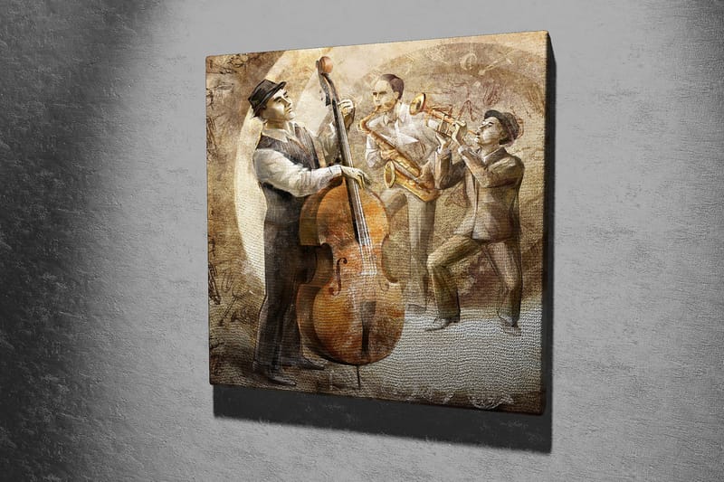 Canvastavla 45x45 cm - Tre musiker som spelar jazz med kontrabas, saxofon och trumpet - Brun / Beige / Grå - Inredning & dekor - Tavlor & konst - Canvastavla