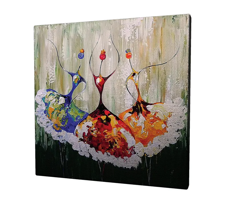 Canvastavla 45x45 cm - Tre stiliserade dansare i färgglada klänningar, Röd / Blå / Orange