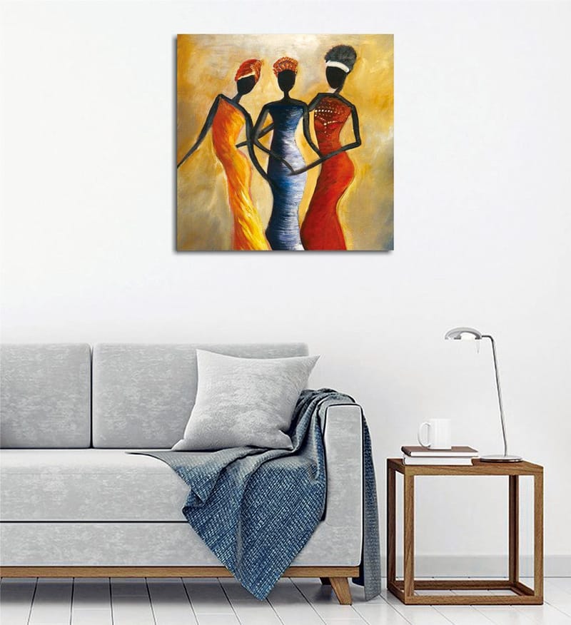 Canvastavla 45x45 cm - Tre stiliserade kvinnor i färgglada klänningar, Röd / Gul / Svart