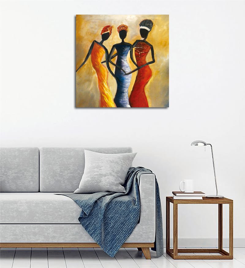 Canvastavla 45x45 cm - Tre stiliserade kvinnor i färgglada klänningar - Röd / Gul / Svart - Inredning & dekor - Tavlor & konst - Canvastavla