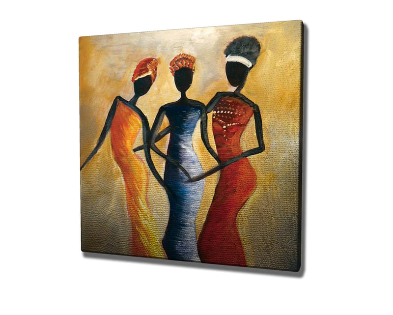 Canvastavla 45x45 cm - Tre stiliserade kvinnor i färgglada klänningar - Röd / Gul / Svart - Inredning & dekor - Tavlor & konst - Canvastavla
