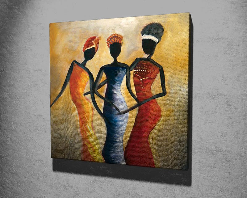 Canvastavla 45x45 cm - Tre stiliserade kvinnor i färgglada klänningar - Röd / Gul / Svart - Inredning & dekor - Tavlor & konst - Canvastavla