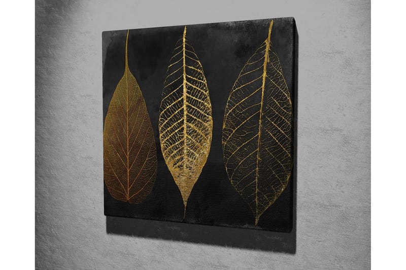 Canvastavla 45x45 cm - Tre stiliserade löv i guld mot en svart bakgrund - Guld / Svart - Inredning & dekor - Tavlor & konst - Canvastavla