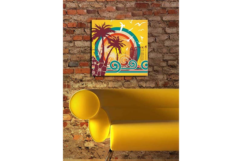 Canvastavla 45x45 cm - Tropisk strandscen med palmer och havsvågor - Mörkröd / Turkos / Gul - Inredning & dekor - Tavlor & konst - Canvastavla