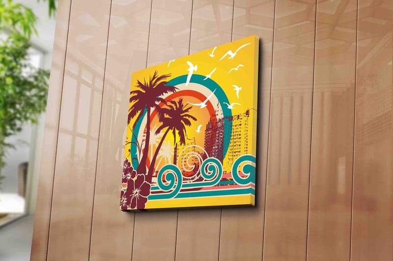 Canvastavla 45x45 cm - Tropisk strandscen med palmer och havsvågor - Mörkröd / Turkos / Gul - Inredning & dekor - Tavlor & konst - Canvastavla