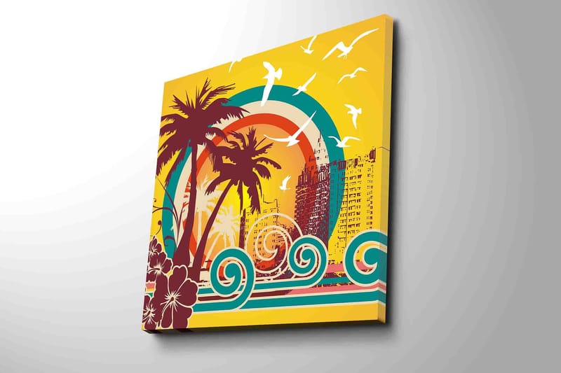 Canvastavla 45x45 cm - Tropisk strandscen med palmer och havsvågor - Mörkröd / Turkos / Gul - Inredning & dekor - Tavlor & konst - Canvastavla