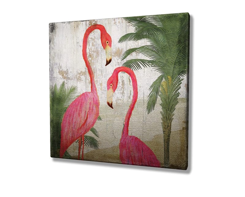 Canvastavla 45x45 cm - Två eleganta flamingos omgivna av palmer - Rosa / Grön / Beige - Inredning & dekor - Tavlor & konst - Canvastavla