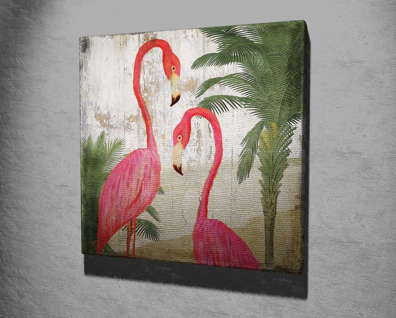 Canvastavla 45x45 cm - Två eleganta flamingos omgivna av palmer - Rosa / Grön / Beige - Inredning & dekor - Tavlor & konst - Canvastavla