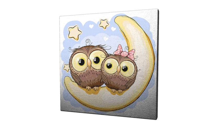 Canvastavla 45x45 cm - Två söta ugglor som sitter på en halvmåne med stjärnor i bakgrunden - Brun / Gul / Ljusblå - Inredning & dekor - Tavlor & konst - Canvastavla