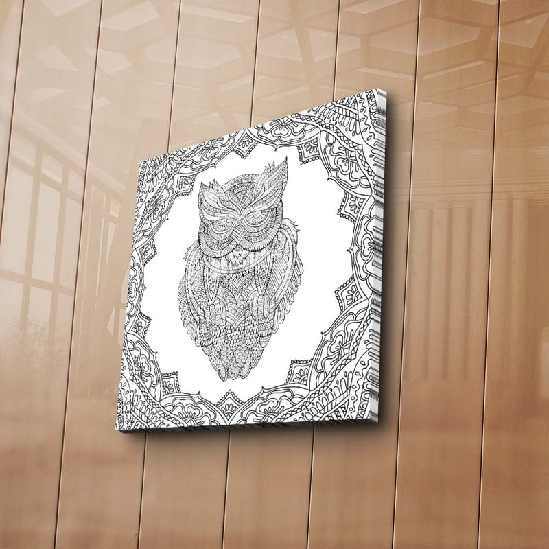 Canvastavla 45x45 cm - Uggla i detaljerad linjeteckning omgiven av ornamentala mönster - Svart / Vitt - Inredning & dekor - Tavlor & konst - Canvastavla