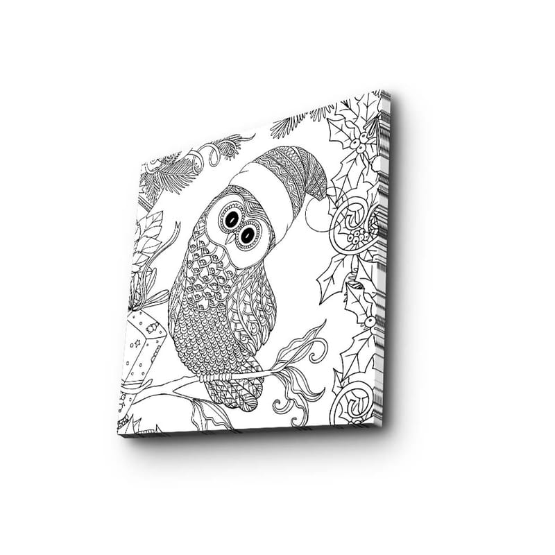 Canvastavla 45x45 cm - Uggla med tomteluva omgiven av juldekorationer - Svart / Vitt - Inredning & dekor - Tavlor & konst - Canvastavla