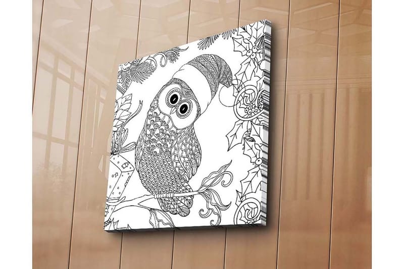 Canvastavla 45x45 cm - Uggla med tomteluva omgiven av juliga detaljer - Svart / Vitt - Inredning & dekor - Tavlor & konst - Canvastavla