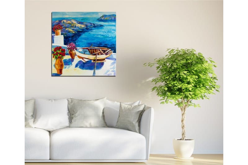 Canvastavla 45x45 cm - Vacker kustlandskap med en båt vid havet - Blå / Vit / Röd - Inredning & dekor - Tavlor & konst - Canvastavla