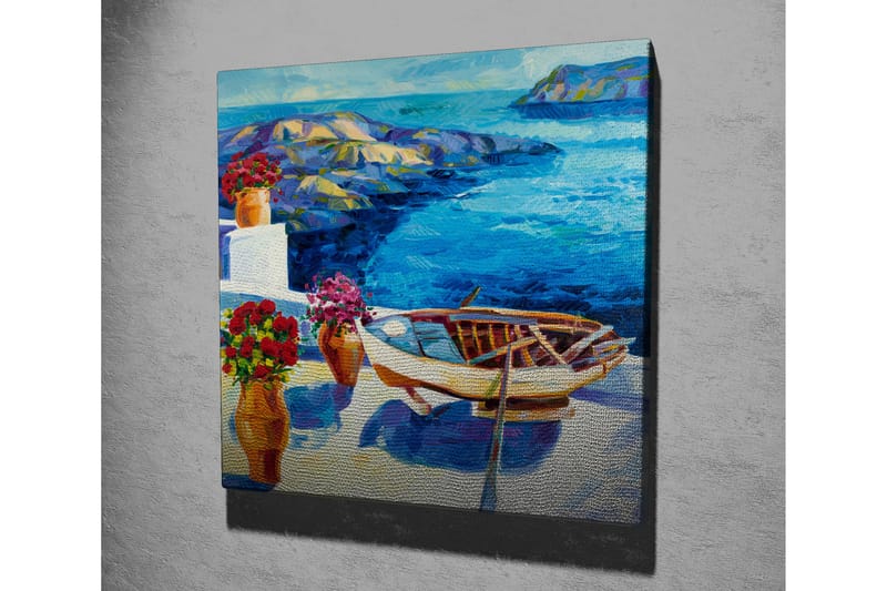 Canvastavla 45x45 cm - Vacker kustlandskap med en båt vid havet - Blå / Vit / Röd - Inredning & dekor - Tavlor & konst - Canvastavla