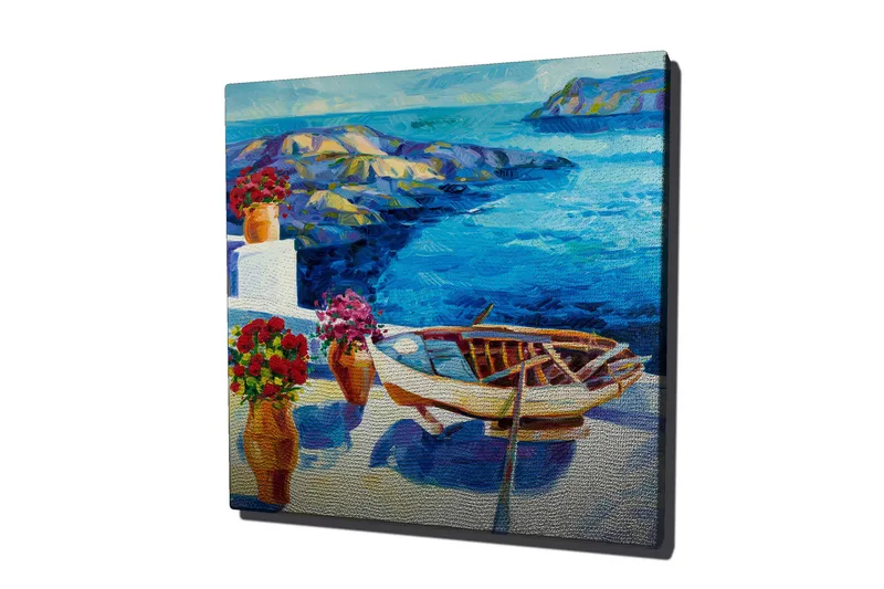 Canvastavla 45x45 cm - Vacker kustlandskap med en båt vid havet - Blå / Vit / Röd - Inredning & dekor - Tavlor & konst - Canvastavla