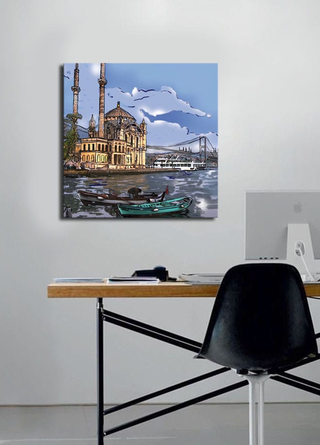 Canvastavla 45x45 cm - Vacker vy av en historisk moské vid vattnet med båtar i förgrunden - Blå / Beige / Grön - Inredning & dekor - Tavlor & konst - Canvastavla