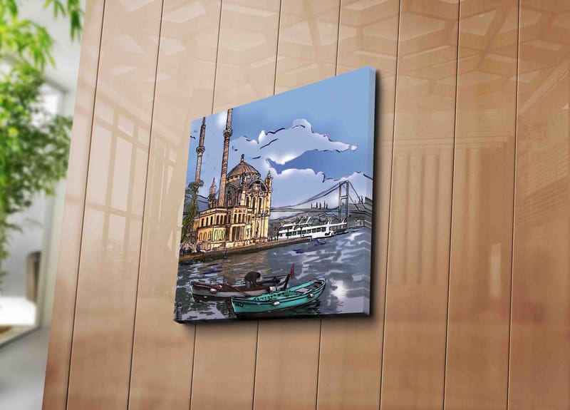 Canvastavla 45x45 cm - Vacker vy av en historisk moské vid vattnet med båtar i förgrunden - Blå / Beige / Grön - Inredning & dekor - Tavlor & konst - Canvastavla