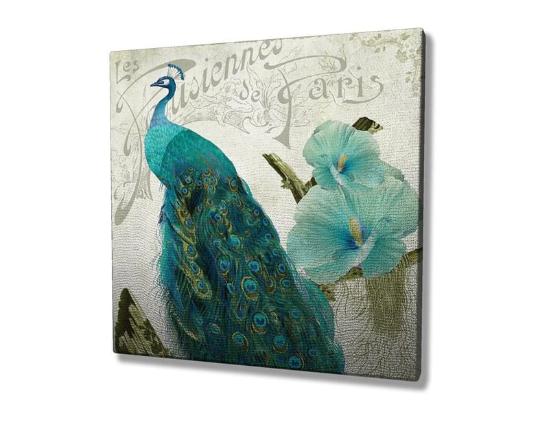 Canvastavla 45x45 cm - Praktfull påfågel med detaljerade fjädrar och blommor i bakgrunden - Turkos / Grön / Vit - Inredning & dekor - Tavlor & konst - Canvastavla