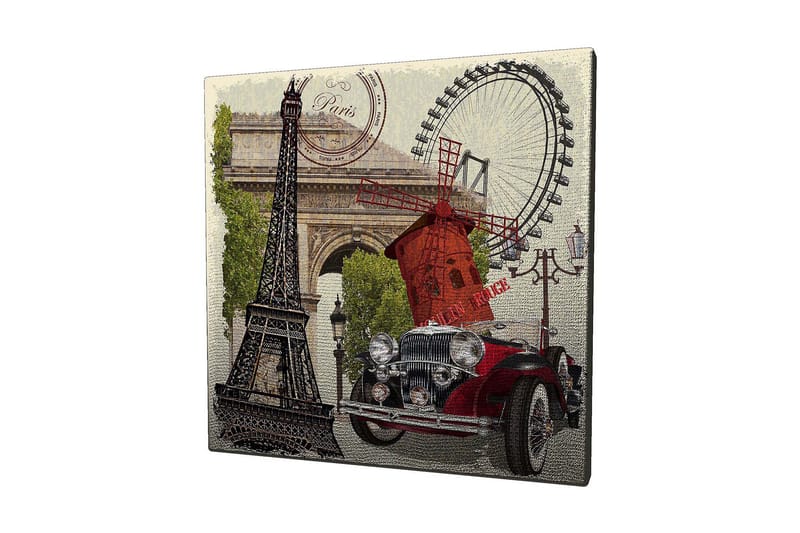 Canvastavla 45x45 cm - Paris-inspirerad komposition med Eiffeltornet, en röd bil och en vindmölla - Röd / Svart / Grön - Inredning & dekor - Tavlor & konst - Canvastavla