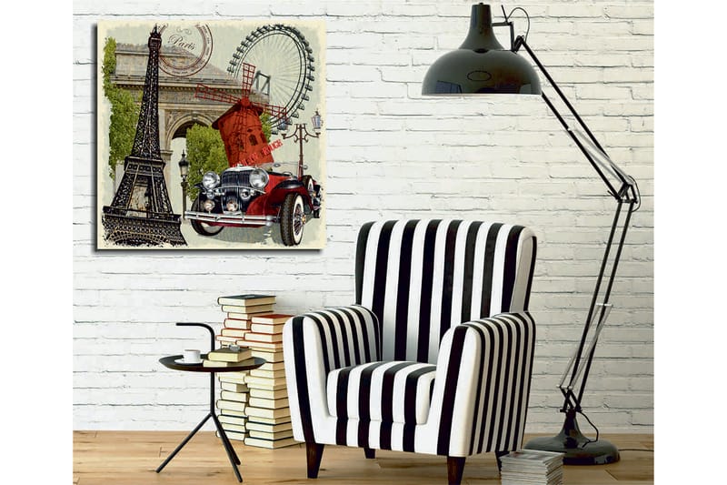 Canvastavla 45x45 cm - Paris-inspirerad komposition med Eiffeltornet, en röd bil och en vindmölla - Röd / Svart / Grön - Inredning & dekor - Tavlor & konst - Canvastavla