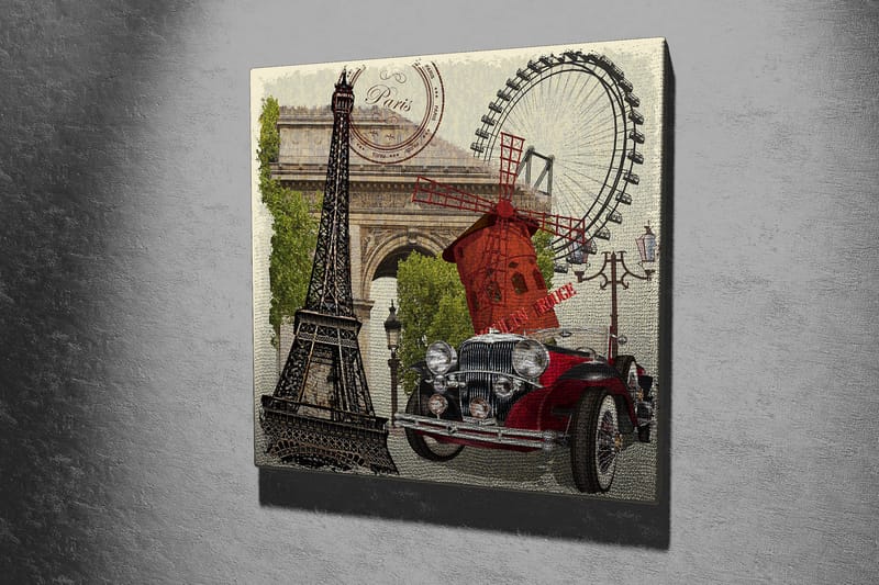 Canvastavla 45x45 cm - Paris-inspirerad komposition med Eiffeltornet, en röd bil och en vindmölla - Röd / Svart / Grön - Inredning & dekor - Tavlor & konst - Canvastavla