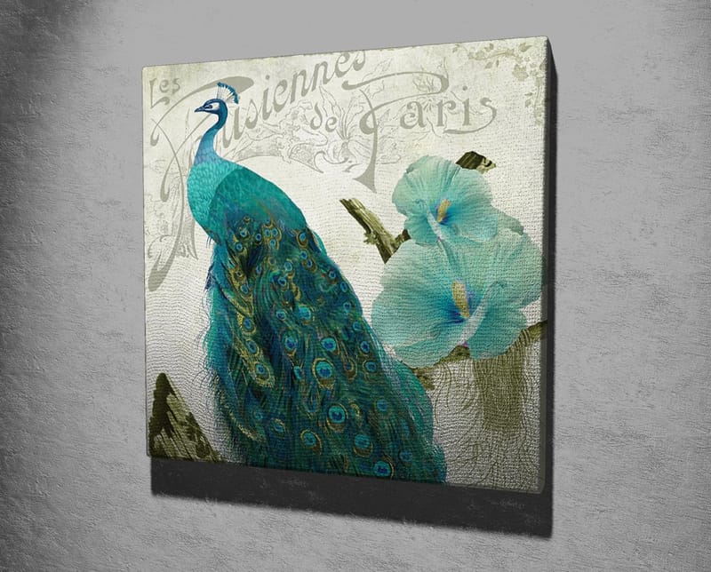 Canvastavla 45x45 cm - Praktfull påfågel med detaljerade fjädrar och blommor i bakgrunden - Turkos / Grön / Vit - Inredning & dekor - Tavlor & konst - Canvastavla