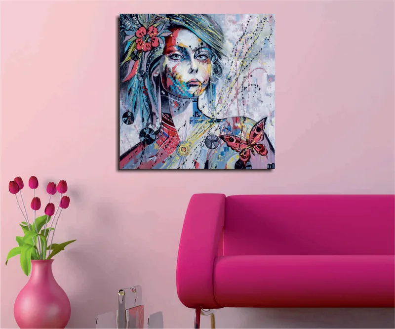 Canvastavla 45x45 cm - Porträtt av en kvinna med färgglada detaljer och fjärilar, Rosa / Blå / Grön