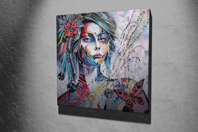 Canvastavla 45x45 cm - Porträtt av en kvinna med färgglada detaljer och fjärilar - Rosa / Blå / Grön - Inredning & dekor - Tavlor & konst - Canvastavla