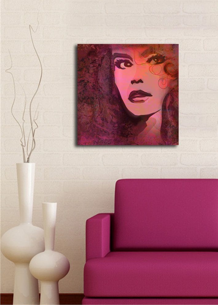 Canvastavla 45x45 cm - Porträtt av en kvinna med uttrycksfulla drag - Mörkröd / Lila / Rosa - Inredning & dekor - Tavlor & konst - Canvastavla