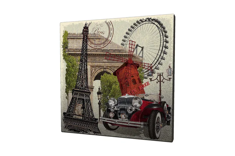 Canvastavla 45x45 cm - Paris-inspirerad komposition med Eiffeltornet, en röd bil och en vindmölla - Röd / Svart / Grön - Inredning & dekor - Tavlor & konst - Canvastavla