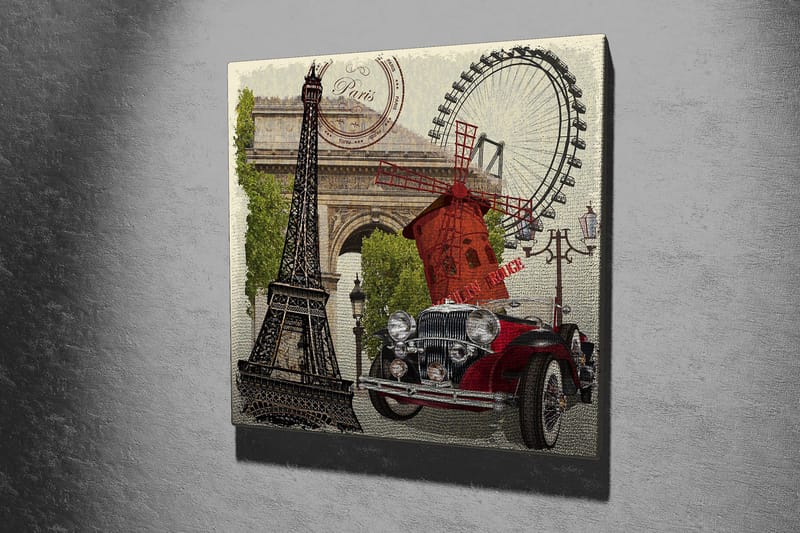 Canvastavla 45x45 cm - Paris-inspirerad komposition med Eiffeltornet, en röd bil och en vindmölla - Röd / Svart / Grön - Inredning & dekor - Tavlor & konst - Canvastavla