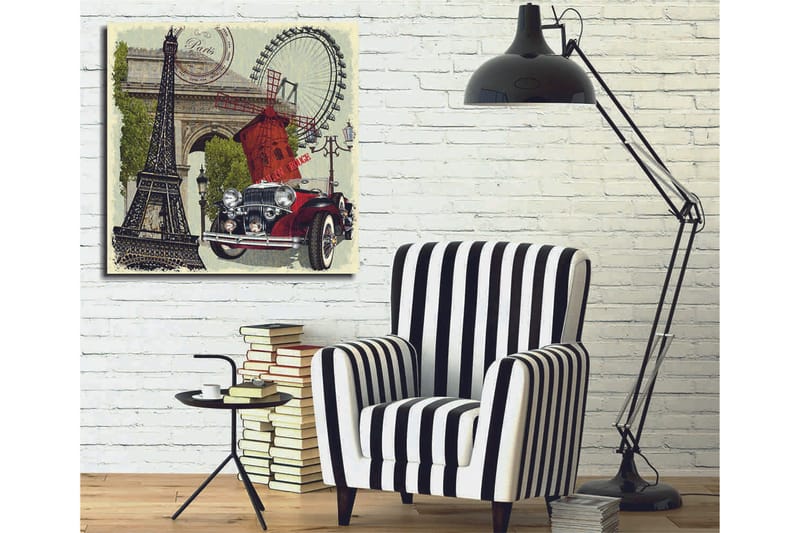 Canvastavla 45x45 cm - Paris-inspirerad komposition med Eiffeltornet, en röd bil och en vindmölla - Röd / Svart / Grön - Inredning & dekor - Tavlor & konst - Canvastavla