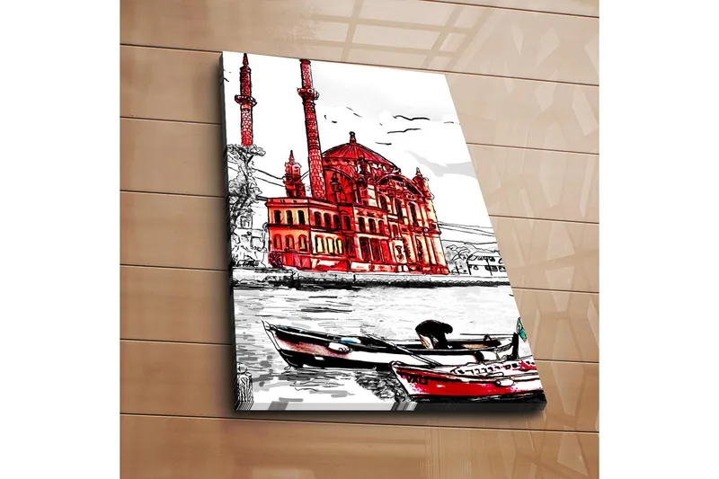 Canvastavla 45x70 cm - Imponerande moské med röda detaljer vid vattnet - Röd / Svart / Vit - Inredning & dekor - Tavlor & konst - Canvastavla