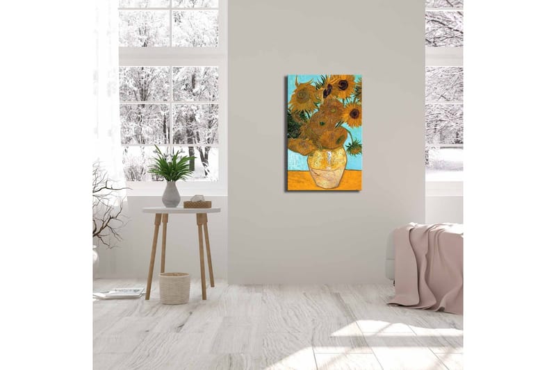 Canvastavla 45x70 cm - Soliga solrosor i en vas med en ljus bakgrund - Gult / Grönt / Brunt - Inredning & dekor - Tavlor & konst - Canvastavla