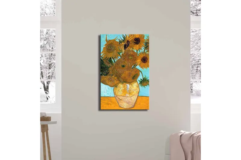 Canvastavla 45x70 cm - Soliga solrosor i en vas med en ljus bakgrund - Gult / Grönt / Brunt - Inredning & dekor - Tavlor & konst - Canvastavla