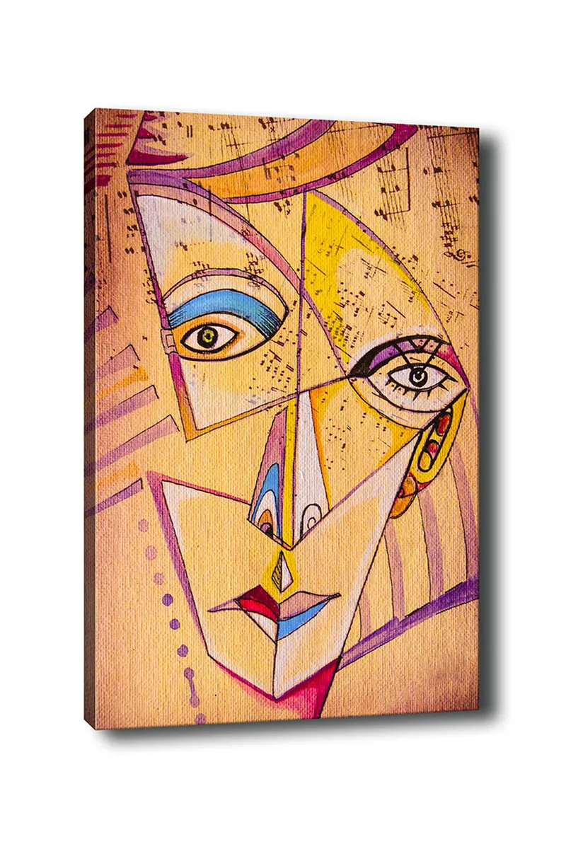 Canvastavla 70x100 cm - Abstrakt ansikte med geometriska former och starka färger, Gul / Blå / Rosa