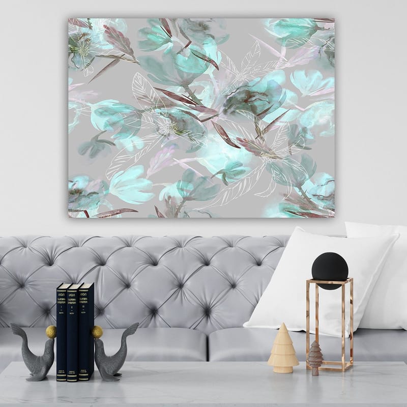 Canvastavla 70x100 cm - Abstrakt blommotiv i mjuka pastellfärger - Aqua / Grå / Brun - Inredning & dekor - Tavlor & konst - Canvastavla