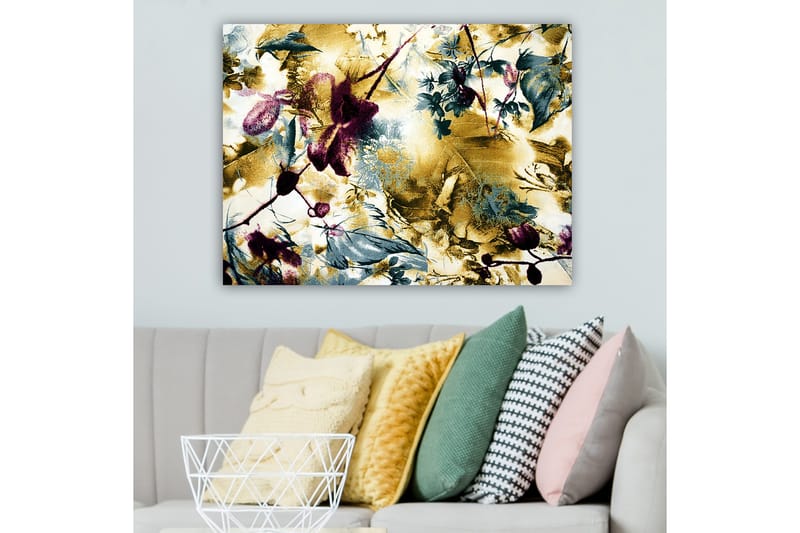 Canvastavla 70x100 cm - Abstrakt blomsterdesign med inslag av guld och djupa färger - Guld / Mörkröd / Grön - Inredning & dekor - Tavlor & konst - Canvastavla