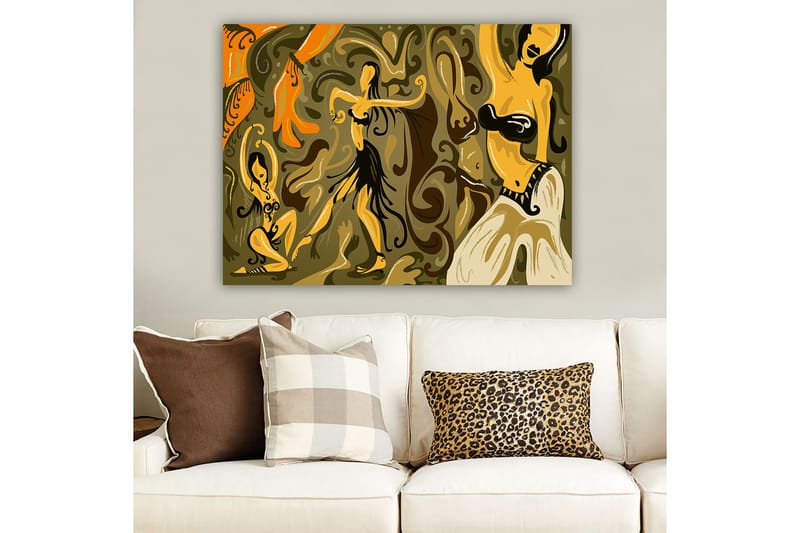 Canvastavla 70x100 cm - Abstrakt dansmotiv med kvinnliga figurer i livfulla poser - Guld / Brun / Olivgrön - Inredning & dekor - Tavlor & konst - Canvastavla