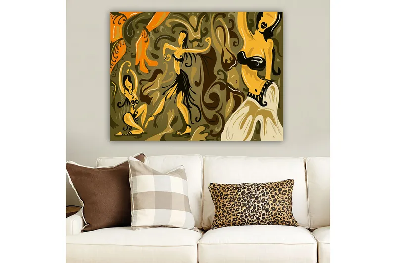 Canvastavla 70x100 cm - Abstrakt dansmotiv med kvinnliga figurer i livfulla poser - Guld / Brun / Olivgrön - Inredning & dekor - Tavlor & konst - Canvastavla