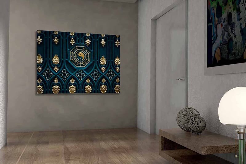 Canvastavla 70x100 cm - Abstrakt design med yin-yang-symbol och dekorativa element i guld och blått, Mörkblå / Guld